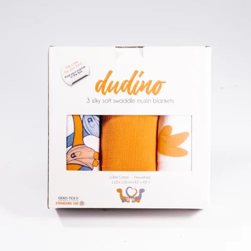 Dudino - Muslin Swaddle Blankets - Set Of 3 - Dudino & Orange & Dino Feet